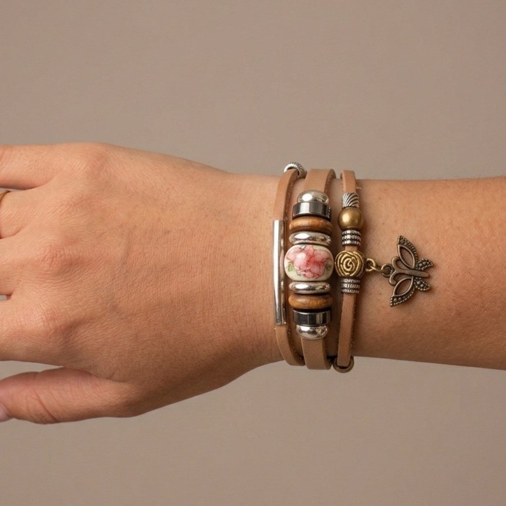 Genuine Leather Bracelet Womens Tan Boho Beaded Butterfly Floral Rodeo Western